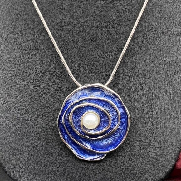 Artisan Blue and Silver Flower Swirl Pearl Accent Pendant Necklace - Picture 1 of 7